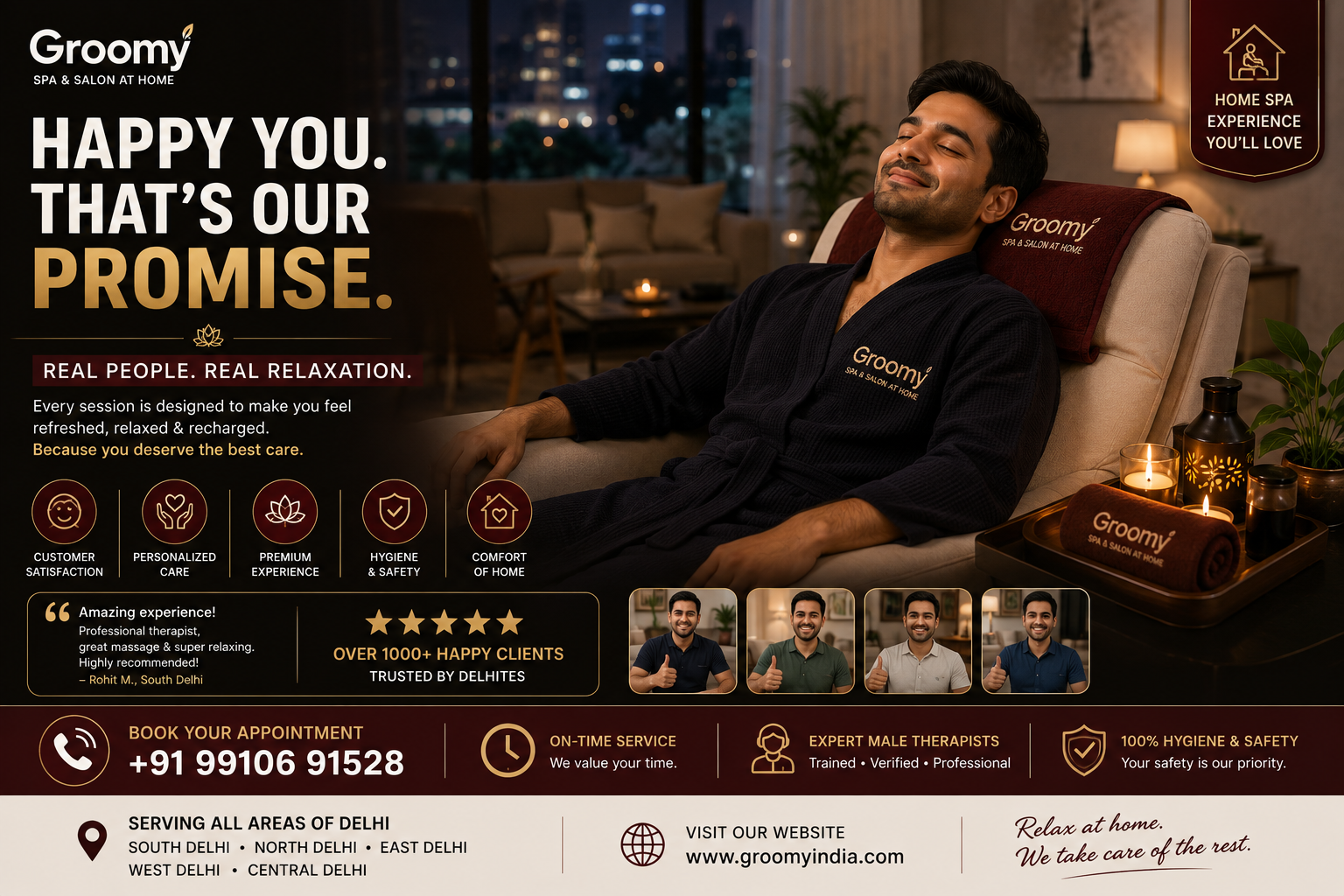 Happy customer enjoying home spa experience in Delhi