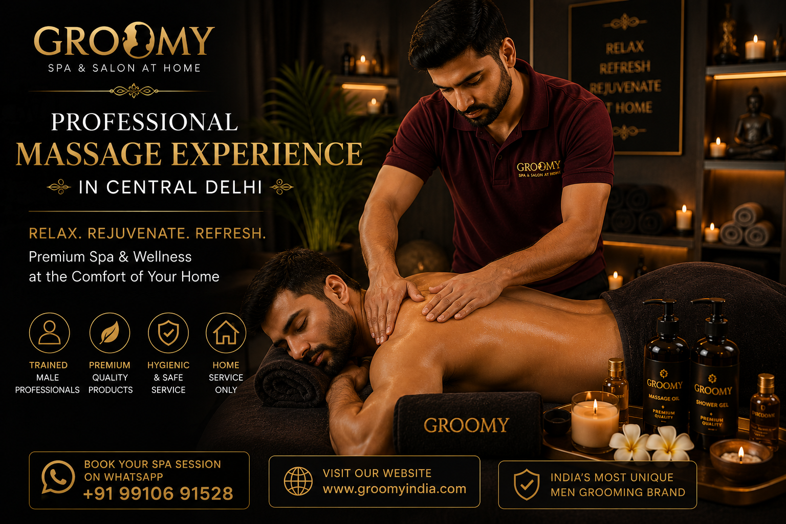 Professional male massage experience at home in Central Delhi