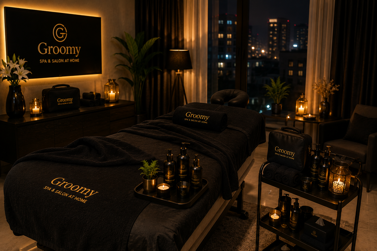 Luxury black and gold spa setup by Groomy in East Delhi