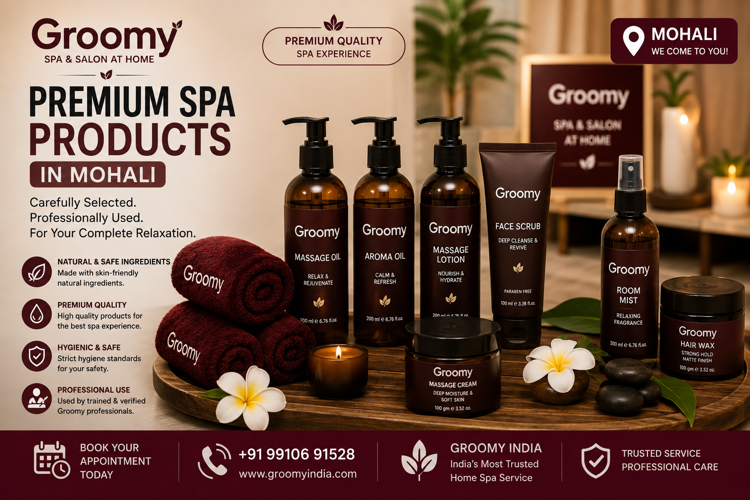 Premium spa products used by Groomy in Mohali