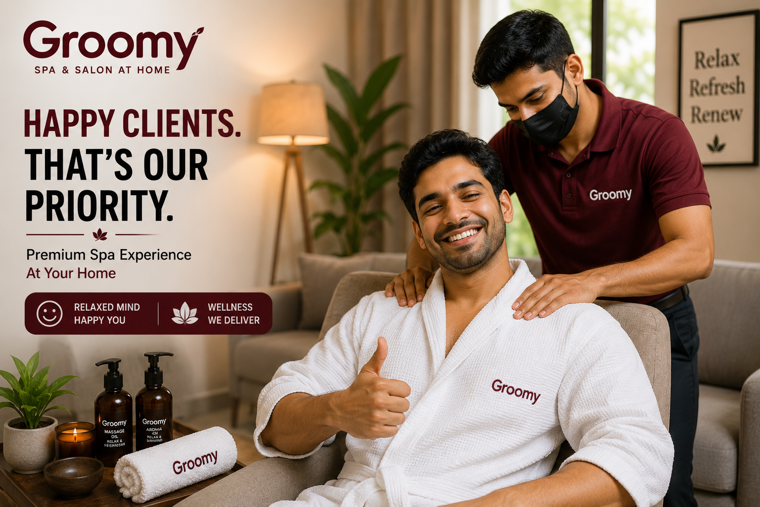 Happy customer enjoying Groomy home spa service in Panchkula