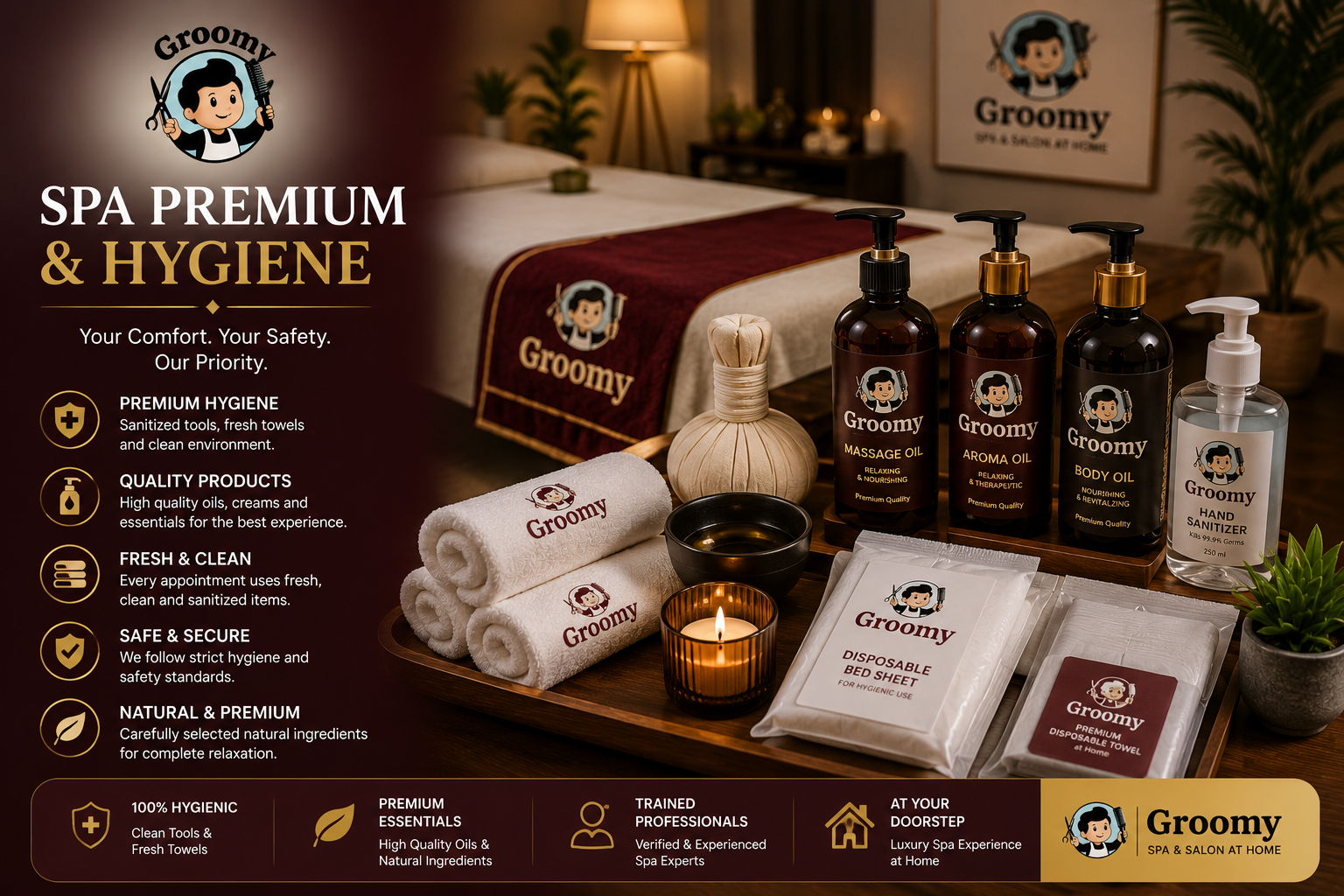 Premium spa hygiene products used by Groomy in South Delhi