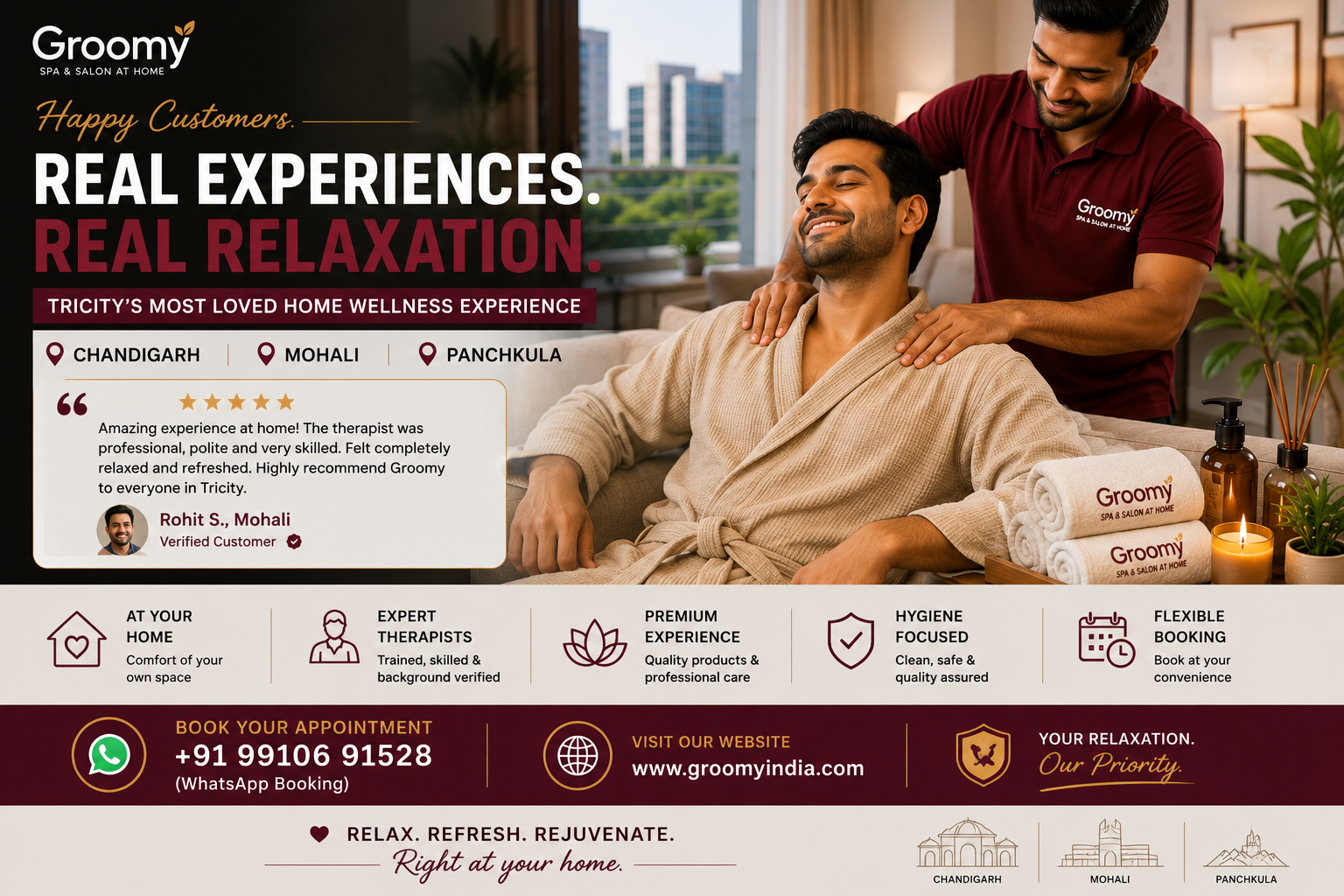 Happy customer enjoying Groomy home spa in Tricity